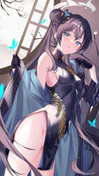 Rule 34 | 1girl, bare shoulders, black dress, black gloves, black hair, black jacket, blue archive, blue eyes, breasts, butterfly hair ornament, china dress, chinese clothes, cowboy shot, dragon print, dress, gloves, hair bun, hair ornament, halo, hand up, highres, jacket, kisaki (blue archive), ldfe mk2, long hair, long sleeves, looking at viewer, no panties, off shoulder, open clothes, open jacket, parted lips, pelvic curtain, pinstripe pattern, print dress, short dress, sleeveless, sleeveless dress, small breasts, solo, standing, striped clothes, striped jacket, thighs, twintails, very long hair
