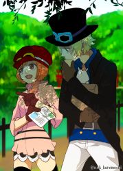 Rule 34 | 1boy, 1girl, blonde hair, ascot, curry gohan, gloves, goggles, hat, koala (one piece), one piece, sabo (one piece), short hair, tree