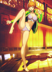 Rule 34 | 1girl, barefoot, basketball hoop, breasts, cleavage, genzoman, highres, indoors, jacket, large breasts, matching hair/eyes, navel, no headwear, no shoes, open clothes, open jacket, open mouth, orange eyes, orange hair, persona, persona 4, satonaka chie, shadow, short hair, smile, solo, sports bra, standing, standing on one leg, underwear, window