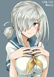 Rule 34 | 10s, 1girl, alternate hairstyle, artist name, blue eyes, blush, breasts, buttons, commentary, dated, flying sweatdrops, hair ornament, hair over one eye, hairclip, hamakaze (kancolle), highres, kamelie, kantai collection, large breasts, looking at viewer, low twintails, neckerchief, no gloves, school uniform, serafuku, short hair, short sleeves, short twintails, silver hair, simple background, solo, twintails, uniform, yellow neckerchief