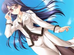 Rule 34 | 1girl, adjusting eyewear, akino takehiko, ankoromochi, blazer, blue hair, bra, breasts, brown eyes, business suit, buttons, cleavage, cloud, day, dutch angle, earrings, fingernails, formal, game cg, hayama mitsuki, jacket, jewelry, lace, lace-trimmed bra, lace trim, lens flare, lingerie, long fingernails, long hair, long skirt, looking at viewer, mature female, medium breasts, necklace, office lady, outdoors, pantyhose, pencil skirt, pendant, scarlett, skirt, skirt suit, sky, solo, standing, suit, sunglasses, underwear, very long hair, white skirt, wind, yellow eyes