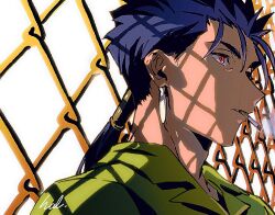 Rule 34 | 1boy, against fence, blue hair, chain-link fence, cigarette, collared shirt, cu chulainn (fate), earrings, fate (series), fence, hal (haaaalhal), jewelry, long hair, male focus, mouth hold, ponytail, red eyes, shirt, signature, silver earrings, smoke, smoking, solo, upper body, white background