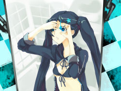 Rule 34 | 10s, bikini, bikini top only, black hair, black rock shooter, black rock shooter (character), blue eyes, fire, flat chest, front-tie top, ll.ee., matches, solo, star (symbol), swimsuit, twintails