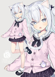 Rule 34 | 1girl, animal ears, artist name, backpack, bag, black footwear, black neckerchief, blush, capriccio, cardigan, cat ears, cat girl, cat tail, cherry blossoms, chestnut mouth, clothes writing, commentary request, grey background, grey eyes, grey hair, long hair, long sleeves, looking at viewer, multiple views, neckerchief, open mouth, original, outline, pink cardigan, plaid, plaid skirt, pleated skirt, sailor collar, school uniform, serafuku, shirt, shoes, simple background, skirt, sleeves past wrists, socks, standing, standing on one leg, star (symbol), tail, two side up, very long hair, white outline, white sailor collar, white shirt, white socks