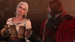 Rule 34 | 1boy, 1girl, 3d, absurdres, baron phillip strenger, beard, beer mug, blender (medium), ciri, cup, facial hair, gloves, green eyes, highres, leather, leather pants, looking at another, mug, mustache, pants, scar, scar across eye, shirt, short hair, smile, the witcher (series), the witcher 3, weebsfm, white shirt