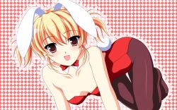 Rule 34 | 1girl, all fours, animal ears, blonde hair, checkered background, fake animal ears, fang, highres, kakesu, original, pantyhose, playboy bunny, rabbit ears, rabbit tail, red eyes, short hair, solo, tail, twintails, wallpaper