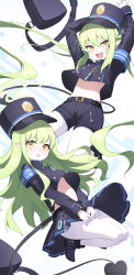 Rule 34 | 2girls, arms up, bag, belt, black belt, black hat, black shirt, black shorts, black skirt, blue archive, commentary, demon tail, gloves, green hair, green halo, halo, hat, hikari (blue archive), nozomi (blue archive), jumping, keis (locrian1357), long hair, looking at viewer, midriff, multiple girls, open mouth, pantyhose, pointy ears, school uniform, serafuku, shirt, shorts, skirt, smile, stomach, tail, white gloves, white pantyhose, yellow eyes