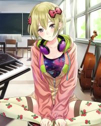 Rule 34 | 1girl, absurdres, blonde hair, bow, breasts, brown eyes, cello, classroom, hair bow, headphones, headphones around neck, highres, indoors, instrument, jacket, kishida mel, long sleeves, looking at viewer, medium breasts, motoyo rokuma, no pants, official art, piano, school, school fanfare, short hair, sitting, solo, swimsuit, swimsuit under clothes, thighhighs, violin