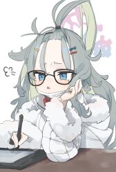 Rule 34 | 1girl, absurdres, ahoge, ainkun, black-framed eyewear, blue archive, blue eyes, blush, coat, commentary request, drawing tablet, fur-trimmed coat, fur trim, glasses, green hair, hair ornament, hairclip, halo, hand up, highres, holding, holding stylus, hood, hood down, hooded coat, huge ahoge, mask, mask around neck, meru (blue archive), open mouth, pink halo, sailor collar, shirt, simple background, solo, stylus, turtleneck, white background, white coat, white sailor collar, white shirt