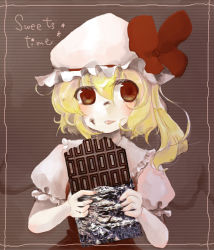 Rule 34 | 12-gatsu (kirin), 1girl, :p, bad id, bad pixiv id, candy, chocolate, chocolate bar, eating, female focus, flandre scarlet, food, food on face, kirin of december, red eyes, solo, tongue, tongue out, touhou