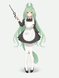 Rule 34 | 1girl, absurdres, alternate costume, animal ear fluff, animal ears, apron, arknights, black dress, black footwear, blush, breast pocket, closed mouth, collared dress, commentary, dress, enmaided, frilled apron, frills, full body, green eyes, green hair, green tail, grey background, hand up, harmonie (arknights), highres, holding, long hair, long sleeves, looking at viewer, maid, maid apron, pantyhose, pocket, procaine (nemurenai), shoes, simple background, smile, solo, standing, tail, very long hair, white apron, white pantyhose