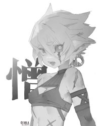 Rule 34 | 1girl, artificial eye, bare shoulders, breasts, cleavage cutout, clothing cutout, crop top, elbow gloves, expressionless, gloves, greyscale, hair between eyes, highres, liren44, long bangs, looking at viewer, mechanical eye, midriff, monochrome, open mouth, original, scar, scar across eye, scar on face, scar on shoulder, short hair, sketch, small breasts, solo, twitter username, unfinished, upper body, white background