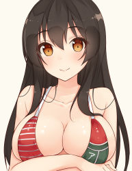 Rule 34 | 10s, 1girl, adapted costume, akagi (kancolle), bare shoulders, bikini, blush, breasts, brown eyes, brown hair, cleavage, female focus, kantai collection, large breasts, long hair, looking at viewer, shuuichi, simple background, smile, solo, swimsuit, upper body