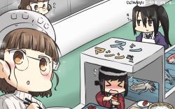 Rule 34 | &gt; &lt;, 3girls, apron, black hair, blush, brown hair, chef hat, chopsticks, commentary request, conveyor belt, dated, closed eyes, eyewear strap, fish, flat top chef hat, flying sweatdrops, food, fubuki (kancolle), glasses, hamu koutarou, happi, hat, headdress, highres, japanese clothes, kantai collection, long hair, multiple girls, nachi (kancolle), open mouth, pince-nez, remodel (kantai collection), roma (kancolle), sparkle, squid, sushi