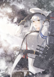 Rule 34 | 1girl, anchor, bad id, bad pixiv id, belt, black gloves, black pantyhose, black skirt, commentary, cowboy shot, flat cap, gangut (kancolle), gloves, grey hair, hands on headwear, hat, jacket, kantai collection, long hair, machinery, military, military hat, military jacket, neko (ganecooo), open mouth, orange eyes, pantyhose, peaked cap, red shirt, shirt, skirt, snow, snowflakes, snowstorm, solo, standing, turret, white jacket