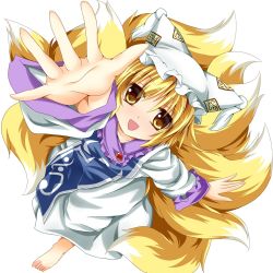 Rule 34 | 1girl, arm up, bad id, bad pixiv id, barefoot, blonde hair, dress, female focus, fox tail, hat, hat with ears, kmkm9696, multiple tails, ofuda, open mouth, outstretched hand, smile, solo, tabard, tail, touhou, white dress, yakumo ran, yellow eyes