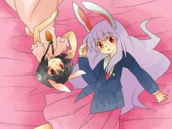Rule 34 | 2girls, animal ears, bad id, bad pixiv id, black hair, blazer, rabbit ears, carrot, carrot necklace, comic, crescent, dress, female focus, hammer (sunset beach), inaba tewi, jacket, jewelry, long hair, lying, multiple girls, necklace, necktie, pendant, purple hair, red eyes, reisen udongein inaba, short hair, silent comic, skirt, smile, touhou, very long hair