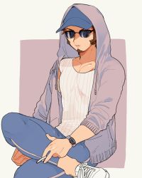 Rule 34 | 1boy, alternate costume, bad id, bad twitter id, baseball cap, blue pants, brown hair, casual, cigarette, facial hair, fate/grand order, fate (series), foot out of frame, goatee, grey jacket, hat, hat under hood, holding, holding cigarette, hood, hood up, hooded jacket, jacket, long sideburns, male focus, mature male, napoleon bonaparte (fate), open clothes, open jacket, pants, pectoral cleavage, pectorals, shirt, shitappa, short hair, sideburns, sleeveless, sleeveless shirt, solo, sunglasses, toned, toned male, white shirt