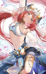 Rule 34 | 1girl, arm up, bare shoulders, blue eyes, blue gemstone, crown, detached sleeves, gem, genshin impact, hair ornament, head tilt, highres, horns, jewelry, long hair, looking to the side, midriff, nilou (genshin impact), pole dancing, red hair, smile, solo, thighs, twintails, ume (plumblossom), water drop