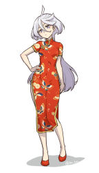 Rule 34 | 1girl, ahoge, animal print, butterfly print, china dress, chinese clothes, commentary request, contrapposto, dress, floral print, full body, grey eyes, grey hair, gundam, gundam suisei no majo, hand on own hip, heebee, long hair, looking at viewer, miorine rembran, red dress, solo, standing, swept bangs, twitter username, white background