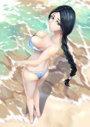 Rule 34 | 1girl, absurdres, ass, beach, bikini, black hair, bleach, blue bikini, blue eyes, blush, braid, braided ponytail, breasts, cleavage, collarbone, from above, highres, large breasts, long hair, looking at viewer, looking up, outdoors, ponytail, sakuya (liao kj), solo, standing, strapless, strapless bikini, swimsuit, unohana retsu