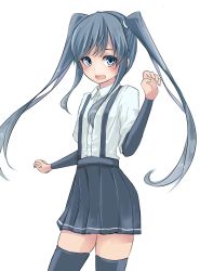 Rule 34 | 10s, 1girl, alternate hairstyle, asashio (kancolle), bad id, bad pixiv id, black thighhighs, blush, collared shirt, cowboy shot, grey eyes, grey hair, grey skirt, kantai collection, looking at viewer, open mouth, pleated skirt, school uniform, shirt, simple background, skirt, solo, suspenders, thighhighs, tokoi, twintails, white background