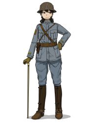 Rule 34 | 1girl, anyan (jooho), belt, belt pouch, black hair, blue jacket, blue pants, boots, brown eyes, brown footwear, brown gloves, brown headwear, cane, full body, gloves, hand on own hip, helmet, highres, jacket, korean commentary, long hair, long sleeves, military, military uniform, mixed-language commentary, mole, mole under eye, original, pants, ponytail, portuguese army, pouch, smile, smirk, solo, spurs, standing, uniform, world war i