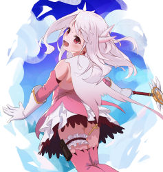 Rule 34 | 1girl, arched back, bare shoulders, blue sky, blush, bridal garter, cape, cloud, cross, day, dress, earrings, elbow gloves, fate/kaleid liner prisma illya, fate (series), feather hair ornament, female focus, from behind, gloves, hair ornament, happy, highres, holding, holding wand, illyachi, illyasviel von einzbern, jewelry, jpeg artifacts, latin cross, layered dress, layered gloves, legs together, long hair, looking at viewer, looking back, midair, open mouth, outdoors, panties, panty peek, pink dress, pink thighhighs, red eyes, sidelocks, sky, sleeveless, sleeveless dress, smile, solo, standing, star (symbol), teeth, thighhighs, two side up, underwear, wand, white cape, white gloves, white hair, white panties