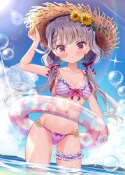 Rule 34 | 1girl, :o, bikini, blue sky, blush, breasts, cameltoe, cleavage, cloud, collarbone, commentary request, day, flower, front-tie bikini top, front-tie top, grey hair, hair flower, hair ornament, hair ribbon, hat, highres, hisakawa nagi, idolmaster, idolmaster cinderella girls, idolmaster cinderella girls starlight stage, innertube, long hair, looking at viewer, low twintails, ocean, outdoors, partially submerged, pink bikini, pink ribbon, purple eyes, ribbon, sky, small breasts, solo, standing, straw hat, striped bikini, striped clothes, sun hat, sunflower, swim ring, swimsuit, thigh strap, tress ribbon, tudon (donut), twintails, wading, water