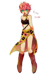 Rule 34 | 1girl, arms behind back, bandeau, bare arms, bare shoulders, boots, brown footwear, commentary, cross, demorzel, diamond (shape), full body, greek cross, green eyes, halftone, highres, jojo no kimyou na bouken, knee boots, long skirt, midriff, navel, no nose, open mouth, pink hair, screentones, short hair, side slit, signature, simple background, skirt, solo, stomach, strapless, symbol-only commentary, teeth, translation request, trish una, upper teeth only, vento aureo, white background