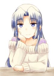Rule 34 | 1girl, asakura ryouko, blue eyes, blue hair, closed mouth, collarbone, commentary request, hand on own cheek, hand on own face, inui nagi, long hair, long sleeves, parted bangs, smile, solo, suzumiya haruhi no yuuutsu, sweater, white sweater