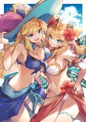 Rule 34 | 2girls, absurdres, armband, asymmetrical docking, awilda (p&amp;d), bikini, blonde hair, blue hair, breast press, breasts, cleavage, double bun, flower, gradient eyes, green eyes, hair bun, hair flower, hair ornament, hat feather, hibiscus, highres, horns, kuuron (moesann17), leaf wings, multicolored eyes, multiple girls, open mouth, pointy ears, puzzle &amp; dragons, red eyes, rosalyn (p&amp;d), sarong, single horn, swimsuit