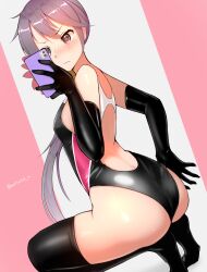Rule 34 | 1girl, absurdres, akebono (kancolle), ass, black eyes, black gloves, black one-piece swimsuit, black thighhighs, breasts, commentary request, competition swimsuit, dutch angle, elbow gloves, flower, gloves, hair flower, hair ornament, highleg, highleg swimsuit, highres, holding, holding phone, kantai collection, katsuten, long hair, looking at object, looking at phone, multicolored clothes, multicolored swimsuit, one-piece swimsuit, phone, purple hair, side ponytail, small breasts, solo, squatting, swimsuit, taking picture, thighhighs, two-tone background, very long hair