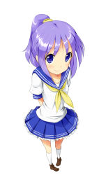 Rule 34 | 00s, 1girl, alternate hairstyle, arms behind back, blue eyes, blush, bow, from above, full body, hair bow, hair ornament, hiiragi tsukasa, loafers, lucky star, md5 mismatch, orange-pengin, perspective, pigeon-toed, ponytail, purple hair, school uniform, serafuku, shoes, simple background, skirt, smile, solo, white background, white legwear