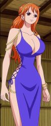 Rule 34 | 1girl, alternate costume, breasts, cleavage, curvy, dress, highres, large breasts, long hair, looking to the side, nami (one piece), nami (one piece) (post-timeskip), nami (one piece) (zou), official alternate costume, one piece, orange hair, purple dress, revealing clothes, screencap, shiny skin, short dress, solo, standing, third-party edit, toei animation, very long hair, wide hips
