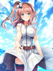Rule 34 | 10s, 1girl, anchor, ascot, belt, belt buckle, blue eyes, breast pocket, breasts, brown hair, buckle, dress, drum magazine, foreshortening, highres, imachireki, kantai collection, large breasts, long hair, looking at viewer, magazine (weapon), pocket, ponytail, red ascot, red thighhighs, saratoga (kancolle), side ponytail, smile, solo, thighhighs, white dress