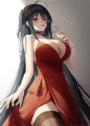 Rule 34 | 1girl, :d, absurdres, ahoge, alcohol, artist name, azur lane, bad id, bad pixiv id, bare shoulders, black hair, blush, breasts, brown thighhighs, champagne, champagne flute, choker, cleavage, cowboy shot, cup, dress, drinking glass, evening gown, gradient background, grey background, hair ornament, highres, large breasts, long hair, looking at viewer, meoyo, official alternate costume, one side up, open mouth, pelvic curtain, red choker, red dress, red eyes, skirt hold, smile, solo, straight hair, strapless, strapless dress, taihou (azur lane), taihou (forbidden feast) (azur lane), thighhighs, very long hair