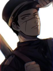 Rule 34 | 10s, 1boy, adjusting clothes, adjusting headwear, backlighting, black hair, black hat, blurry, brown eyes, chromatic aberration, depth of field, golden kamuy, hat, looking at viewer, male focus, military hat, nakkamonakkamo, scar, scar on face, scar on mouth, short hair, sugimoto saichi, upper body, white background