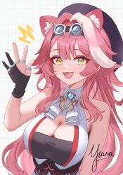 1girl absurdres animal_ear_fluff animal_ears black_hat blush breasts cleavage etherealmeow fingerless_gloves gloves goggles goggles_on_head hat highres hololive hololive_english large_breasts long_hair looking_at_viewer multicolored_hair open_mouth panther_ears panther_girl panther_tail pink_hair raora_panthera raora_panthera_(1st_costume) smile solo streaked_hair tail virtual_youtuber yellow_eyes