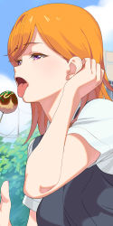 Rule 34 | 1girl, a1 (initial-g), blue sky, cloud, day, food, highres, love live!, love live! superstar!!, open mouth, orange hair, outdoors, purple eyes, shibuya kanon, short hair, short sleeves, sky, solo, tongue, tongue out
