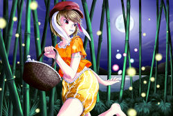 Rule 34 | 1girl, absurdres, animal ears, bamboo, bamboo forest, barefoot, basket, blonde hair, bush, curvy, dango, danmaku, fireflies, food, food in mouth, forest, frills, hat, highres, legacy of lunatic kingdom, lights, looking back, moon, moon rabbit, nature, night, night sky, orange shirt, pants, patterned, pumpkin shorts, rabbit ears, red eyes, red hat, ringo (touhou), running, self-upload, shirt, short hair, shorts, skewer, sky, striped clothes, striped shorts, toothpick, tossing, touhou, wagashi, yellow pants, yomitrooper