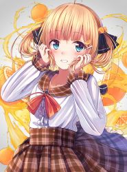 Rule 34 | 1girl, black ribbon, blonde hair, blue eyes, blush, bow, brown sailor collar, brown skirt, center frills, collarbone, commentary, enuni, food, food-themed hair ornament, frills, fruit, grey background, hair ornament, hair ribbon, hairclip, hands up, highres, holding, holding own hair, long hair, long sleeves, looking at viewer, md5 mismatch, orange (fruit), orange hair ornament, original, parted lips, plaid, plaid sailor collar, plaid skirt, pleated skirt, red bow, resolution mismatch, ribbon, sailor collar, school uniform, serafuku, shirt, sidelocks, skirt, smile, solo, source larger, symbol-only commentary, twintails, white shirt