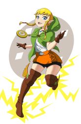 Rule 34 | 1girl, bike shorts, blonde hair, blouse, blue eyes, boots, braid, choker, compass, glitchynpc, gloves, highres, hood, linkle, nintendo, open mouth, shirt, simple background, skirt, smile, solo, the legend of zelda, thigh boots, thighhighs, thighs, twin braids