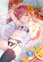 Rule 34 | 1girl, absurdres, aqua eyes, arm up, armpits, babydoll, bare arms, bare shoulders, black bra, black panties, black thighhighs, bra, breasts, collarbone, criss-cross halter, cup, drinking glass, flower, frilled panties, frills, garter belt, hair flower, hair ornament, hairclip, halterneck, hand up, hibiscus, highres, lingerie, long hair, looking at viewer, lying, miwabe sakura, navel, on back, open mouth, original, panties, panties over garter belt, pink hair, plate, scan, see-through, small breasts, smile, solo, spaghetti strap, stomach, strap pull, sunflower, thighhighs, thighs, tropical drink, twintails, underwear, underwear only