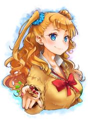 Rule 34 | 10s, 1girl, ^^^, asymmetrical hair, bandaid, blonde hair, blue eyes, blush, breasts, candy, closed mouth, collarbone, collared shirt, earrings, galko, hair bun, hair ornament, hair scrunchie, highres, jewelry, long hair, medium breasts, neck ribbon, one side up, oshiete! galko-chan, red ribbon, ribbon, school uniform, scrunchie, shirt, side bun, single side bun, sketch, smile, solo, sumi (oyasumie), sweater, upper body, white shirt, wing collar, wrapped candy, yellow sweater