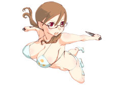 Rule 34 | 1girl, bikini, boots, breasts, brown hair, female focus, full body, glasses, knife, kunai, large breasts, oono tsutomu, original, red eyes, simple background, solo, swimsuit, twintails, weapon, white background, white bikini