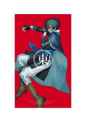Rule 34 | 1boy, belt, black gloves, black hair, black jacket, blue belt, blue capelet, boots, border, brown footwear, capelet, facing to the side, fingerless gloves, gloves, highres, jacket, looking at viewer, mahoutsukai no yakusoku, male focus, pants, piza-chan, red background, red eyes, shino sherwood, short hair, solo, white border, white pants