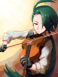 Rule 34 | 1girl, ahoge, androgynous, bow (music), creatures (company), ear piercing, earrings, game freak, gloves, gradient background, green hair, highres, holding, holding bow (music), holding instrument, holding violin, instrument, jewelry, music, naminori (pixiv39611187), nintendo, piercing, playing instrument, pokemon, pokemon sv, red eyes, rika (pokemon), solo, suspenders, upper body, violin, white gloves