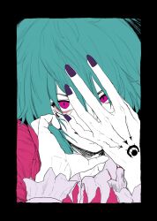 Rule 34 | 1girl, asellus (saga frontier), black border, border, covering face, covering own mouth, fuluyano, green hair, hand over own mouth, highres, looking at viewer, nail polish, purple eyes, saga, saga frontier, short hair, simple background, smile, solo