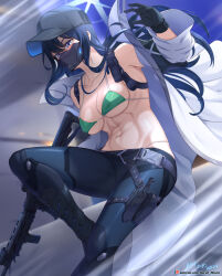 Rule 34 | 1girl, alternate costume, bare shoulders, bikini, bikini top only, black pants, blue archive, blue eyes, breasts, coat, gloves, green bikini, gun, halo, hat, highres, jacket, jumping, knife sheath, large breasts, long hair, looking at viewer, mask, mouth mask, navel, off shoulder, open clothes, open jacket, pants, saori (blue archive), sheath, shirt, solo, swimsuit, thighs, vilde loh hocen, weapon, white coat